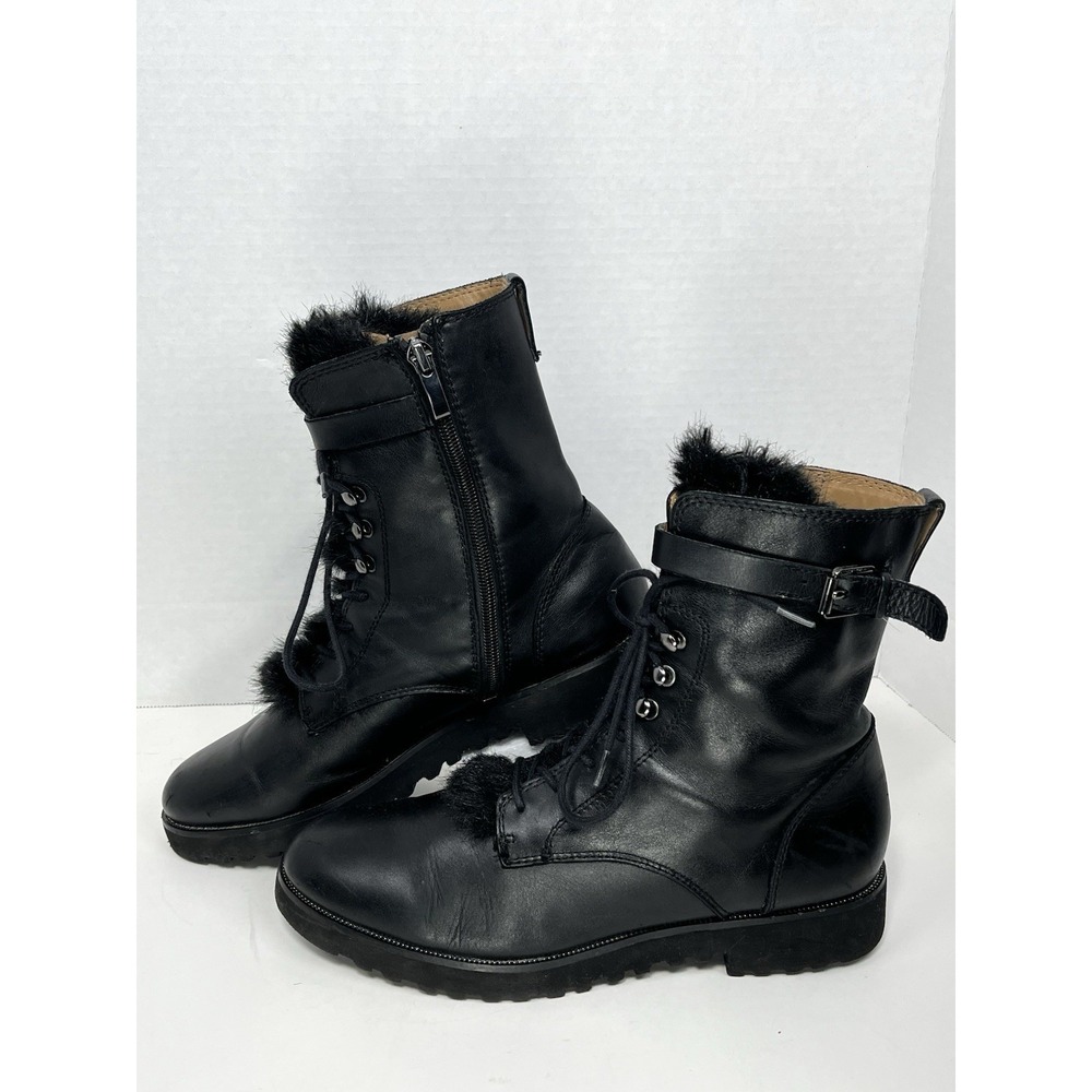 Franco Sarto Womens Canon Black Leather Combat Boots Faux Fur Waterproof sz 8.5M